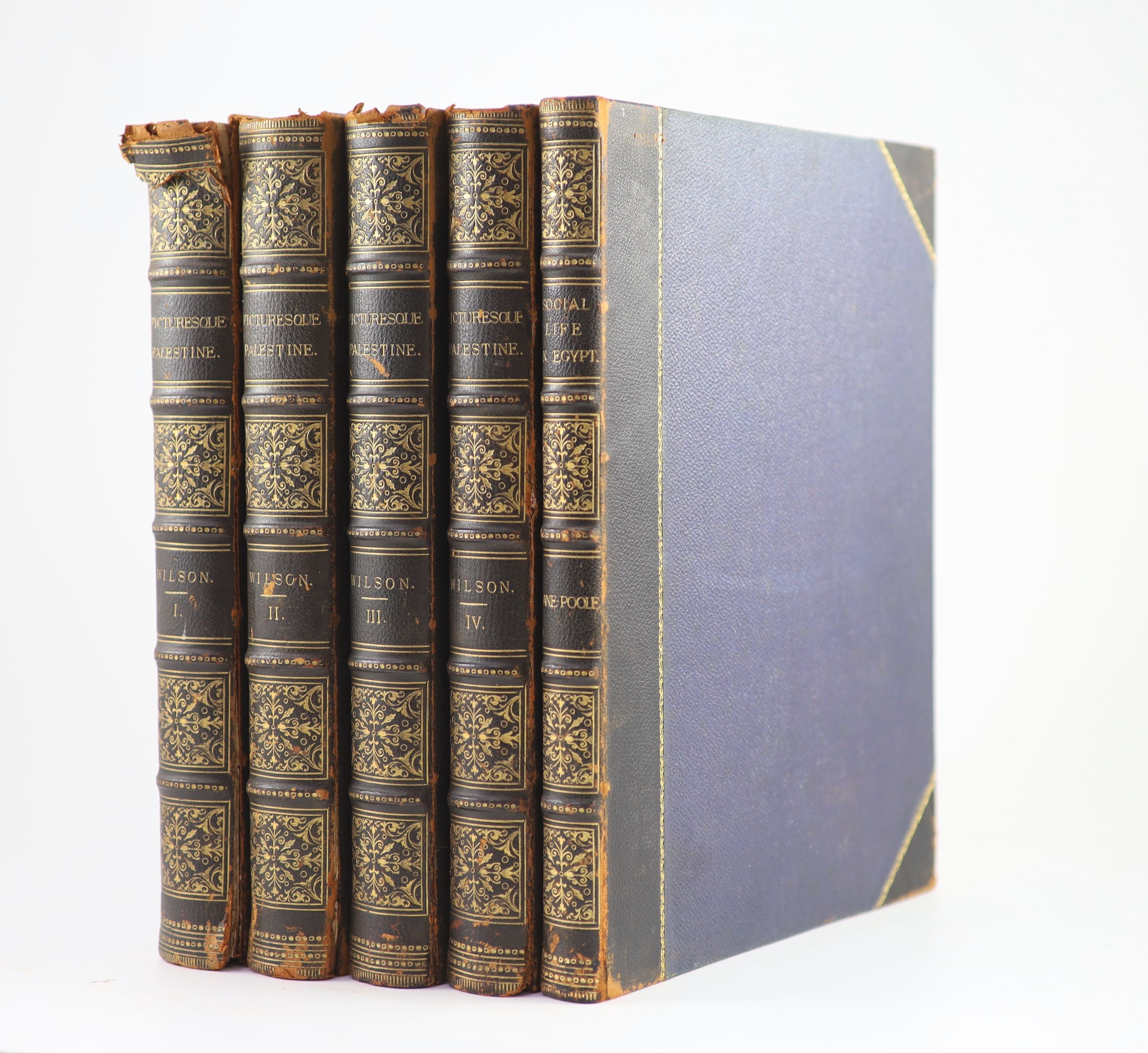 Wilson, Charles William, Sir - Picturesque Palestine, 5 vols, including supplement (Social Life in Egypt by Stanley Lane-Poole) qto, half blue morocco, J.S. Virtue & Co., London, [1880-84]